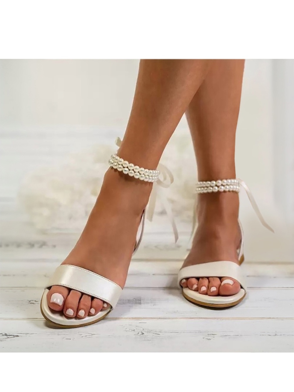 Pearl Ankle Strap Open-Toe Sandals in Ivory